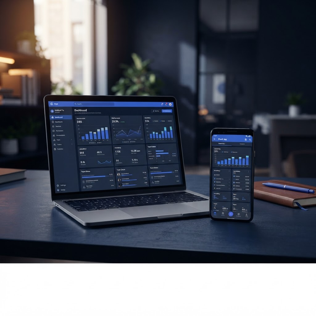 A laptop and smartphone displaying a business operations dashboard and companion mobile app