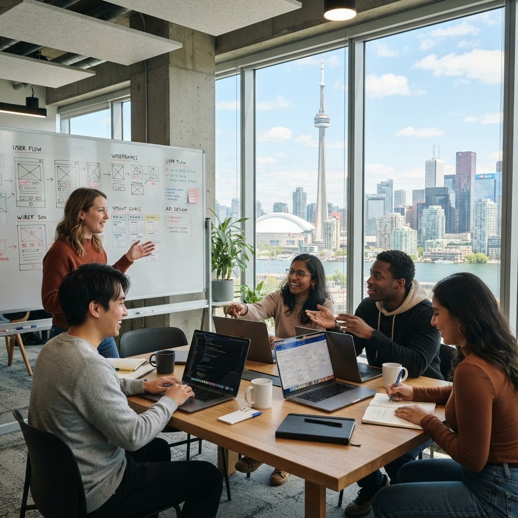 The Intelli-Tech team collaborating in an office overlooking the Toronto skyline